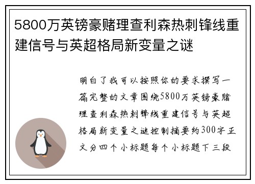 5800万英镑豪赌理查利森热刺锋线重建信号与英超格局新变量之谜