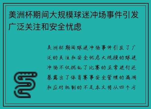 美洲杯期间大规模球迷冲场事件引发广泛关注和安全忧虑